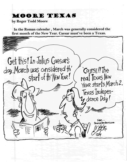 March in Roman Calendar; Texas history cartoon