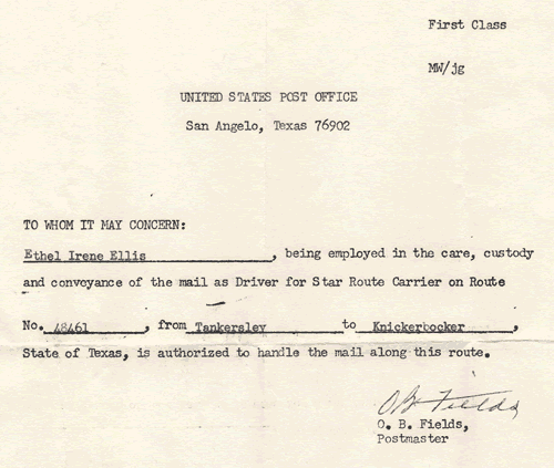 Knickerbocker, Texas Postmaster letter